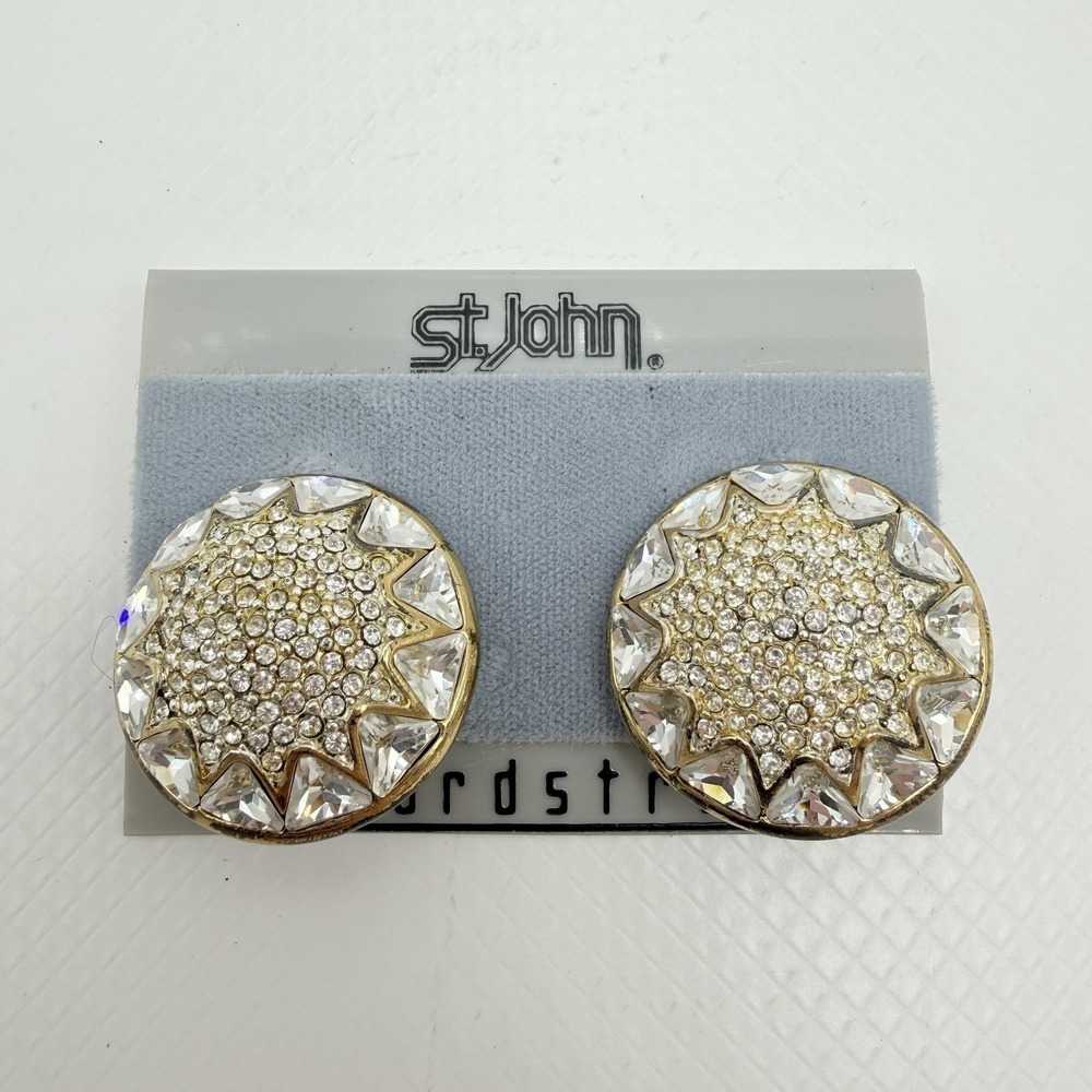 Vintage St. John Gold Tone & Clear Rhinestone Dome Button Clip Earrings READ - Picture 2 of 16